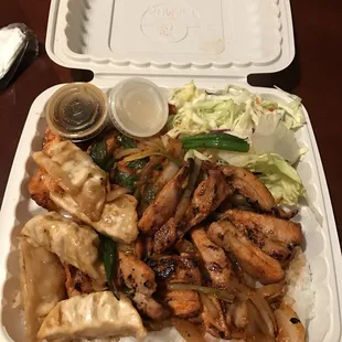 Spicy Chicken Teriyaki + Gyoza combo (with rice and salad)