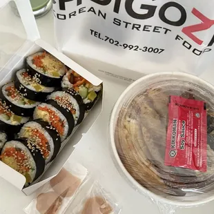 Original kimbap and assorted fries with some complimentary dalgona candy!