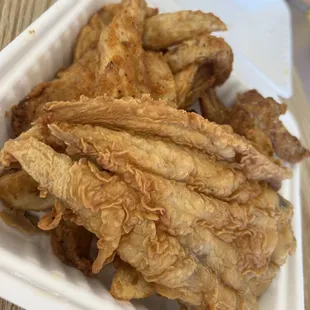 a close up of a chicken and fish fillet