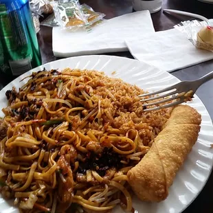 Chicken lo main, french fries and hunan chicken.