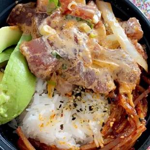 Spicy Ahi bowl with sides (avocado &amp; taegu). Delicious!