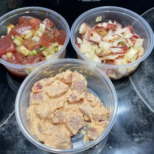 From top left (shoyu poke.... my favorite) top right (tako poke) bottom (spicy ahi...daughters favorite)