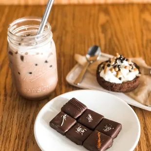 Chocolate drink, tart and chocolates