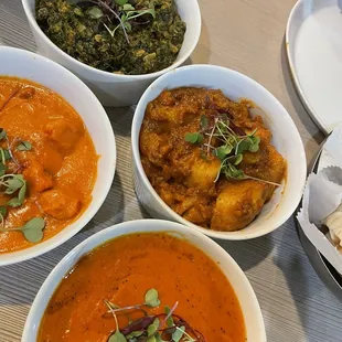 Chicken tikka Marsala, lamb paneer, and aloo gobi