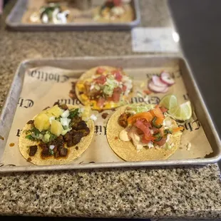 Al Pastor Taco (left)  Baja San Diego Taco (right)  Grilled Adobo Shrimp Taco (back)