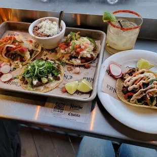 Cholita Side Piece (3 tacos plus charro beans), Margarita  and Charred Brussels Sprouts Taco