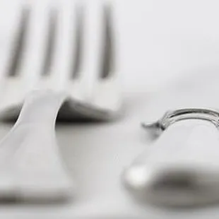 a plate, spoon, and fork