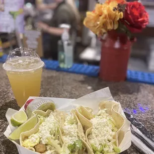 Shrimp Tacos and virgin Passion Fruit Margarita