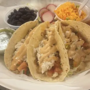 Rockfish taco platter with black beans and Spanish rice