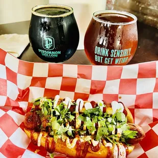 Hotdog with 2 beers.