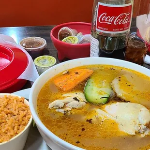 Fresh "hot " Caldo de Pollo with hot home made corn Tortillas and got have the Mexican Coke.