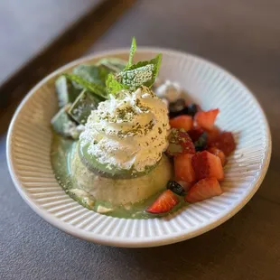Fun Fun Fuji Mountain: Hōjicha panna cotta w/ matcha ice cream, sugared beans, fresh fruit, matcha cream sauce ($22)