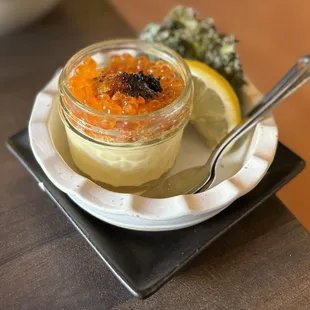 Ocean Crème Brûlée: Chilled egg custard, king crab, uni, caramelized sugar, ikura ($28)
