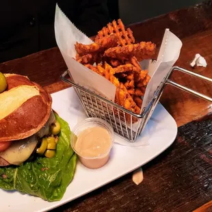 Olive Throne Burger with Sweet Potato Fries at Chomp