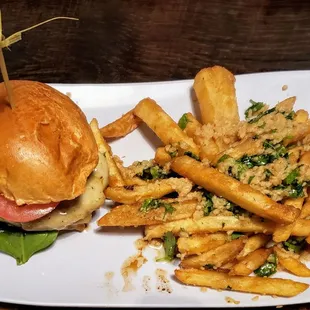 Pesto Empire Burger with Garlic Cilantro Fries at Chomp