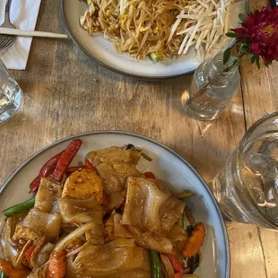Tofu Drunken Noodle and Chicken Pad Thai