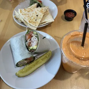 Cali Wrap, Chicken Quesadilla, and Spicy Apple Juice