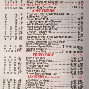 the menu of the restaurant