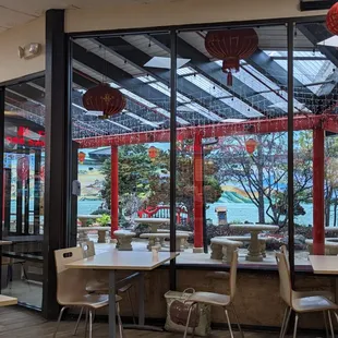 Open-air garden area outside of food court