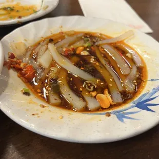 a close up of a plate of noodles