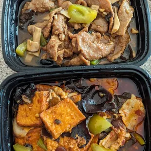Top: beef with assorted mushrooms Bottom: crisp tofu with vegetables