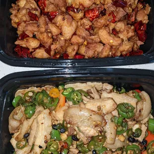 Top: diced chicken in hot chili pepper Bottom: sliced pork in hot peppers