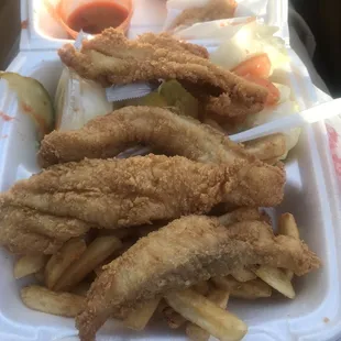 Catfish lunch plate around 13.00 comes with the same as the dinner just less fish because it's the lunch plate