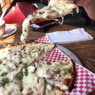 a hand holding a slice of pizza