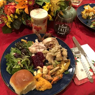 Chooksgiving! (clockwise: Chicken, Stuffing, Veggies, Squash, Sweet Potatoes, Roll, Beets &amp; Berries Salad. Cranberry sauce not included.)