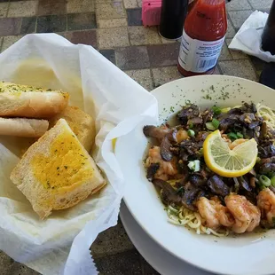 Shrimp La La with pasta. I cleaned the bowl with the fabulous garlic bread.