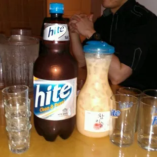 Yogurt soju, $18.  Hite, $14
