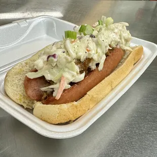 Beef Dog with chili and coleslaw