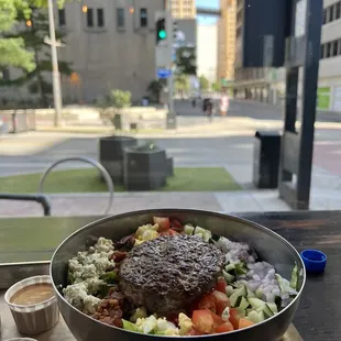 a large bowl of food on a table