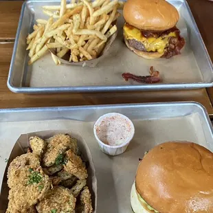 *photo: fried pickles w/ the el lunchador burger and truffle fries w/ bacon cheeseburger
