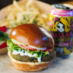 The Green Burger-Falafel, tzatziki, pickled cucumber, hummus, shaved red onion, vine ripened tomato, green leaf lettuce