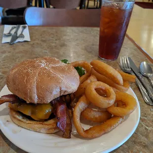 Cowboy burger, onion rings, and sweet tea!