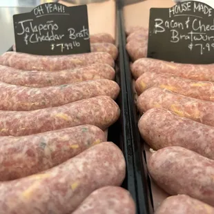 Delicious bratwurst's made at the shop.