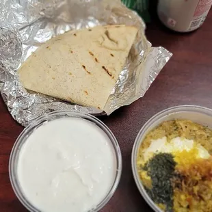 Top: Bread Left: Yogurt &amp; Shallot  Right: Eggplant Dip