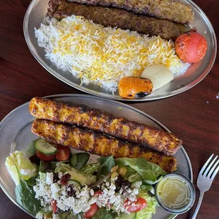 Chicken Koobideh with salad and Lamb Koobideh with basmati rice and grilled veggies