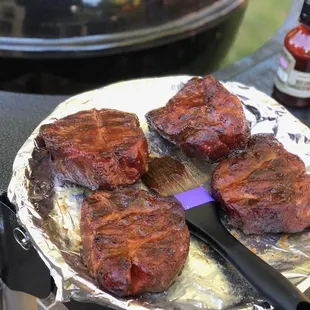 Special ordered pork steaks (mopped in mustard/vinegar/bourbon, glazed at the end with a KC style sauce)