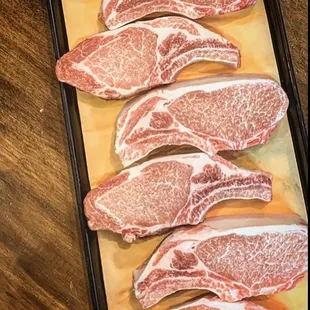 Beautifully marbled bone in Duroc pork chops
