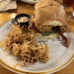 Buttermilk chicken sandwich with onion straws