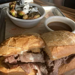 Roasted sirloin French dip with Brussels side