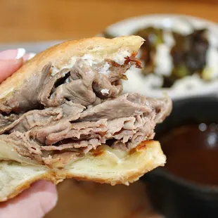 The Sirloin French Dip was made with House Roasted Top Sirloin, Horseradish Aioli, Provolone, Pan Dripping Au Jus, &amp; a Toasted French Roll.