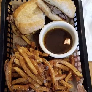 Sirloin french dip with parmesan fries.