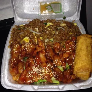 Sesame chicken dinner with chicken fried rice and egg roll for $8.25