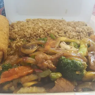 Unconventional Mongolian Beef. Lunch special with fried rice, egg roll, and pop. Loved the assortment of veggies. Fried rice was bland.