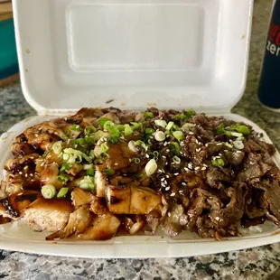 Chicken and beef bowl. Very good! Ask for some siracha sauce to make it better.