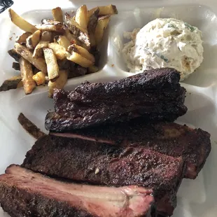 3 rib plate $9. 2 sides - potato salad &amp; fries. Ribs were awesome. Fries awesome - made fresh. Poto Salad too much Mayo