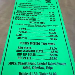 a green menu for a restaurant